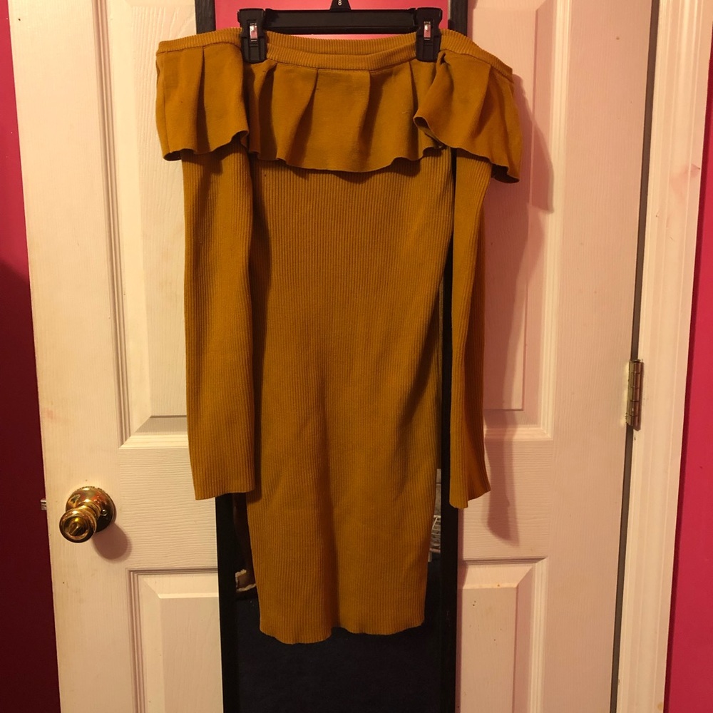 Iris mustard off the shoulder sweater dress